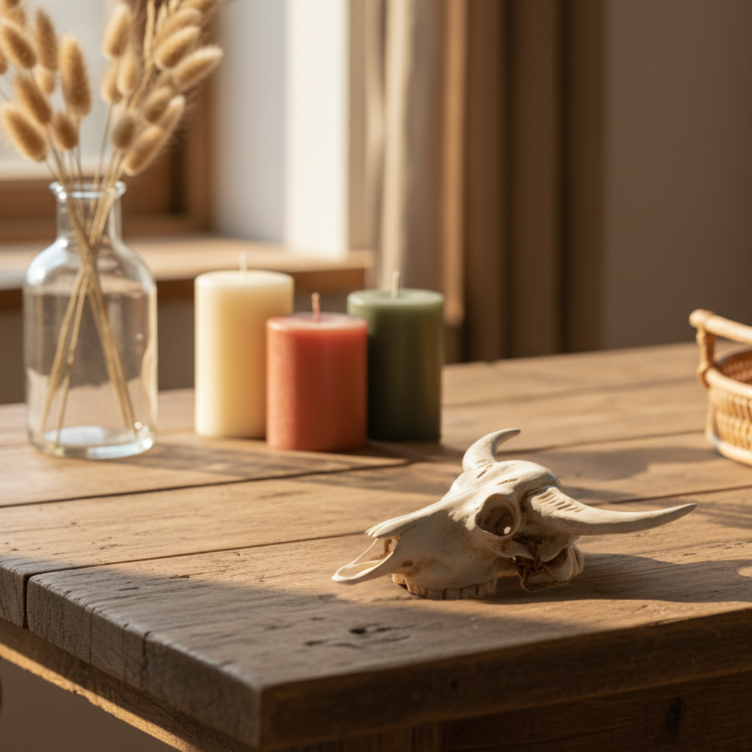 Resin Cow Skull Wall Art in antique white resting on a rustic reclaimed timber table in warm natural light, styled alongside dried bunny tail grass in a glass vase, three earthy pillar candles and a woven rattan basket — farmhouse boho tabletop décor by Azure Decor