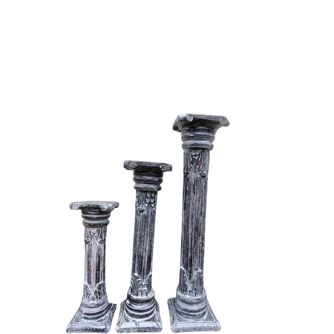 Wooden Hand Carved Pillar Brown Wash Set 