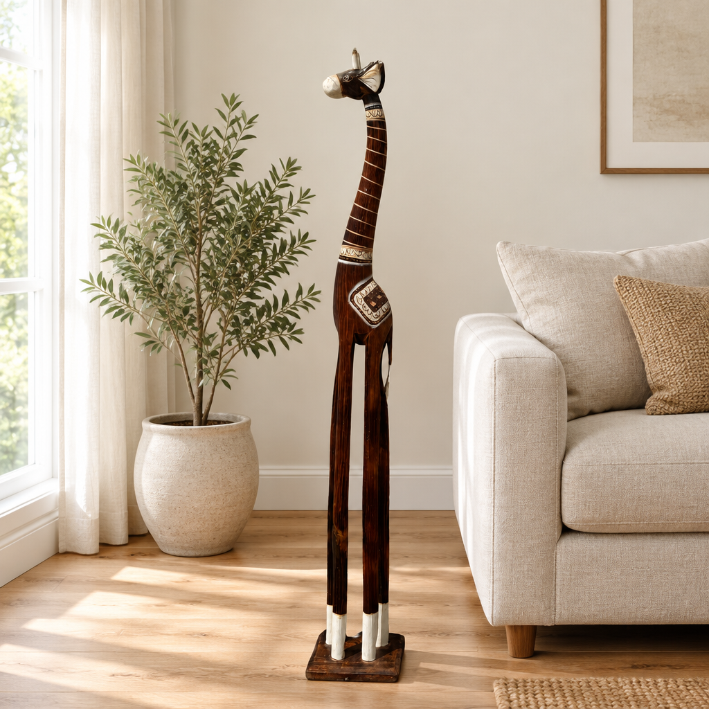 Tall dark brown animal carving with cream detailing between a potted tree and a linen sofa