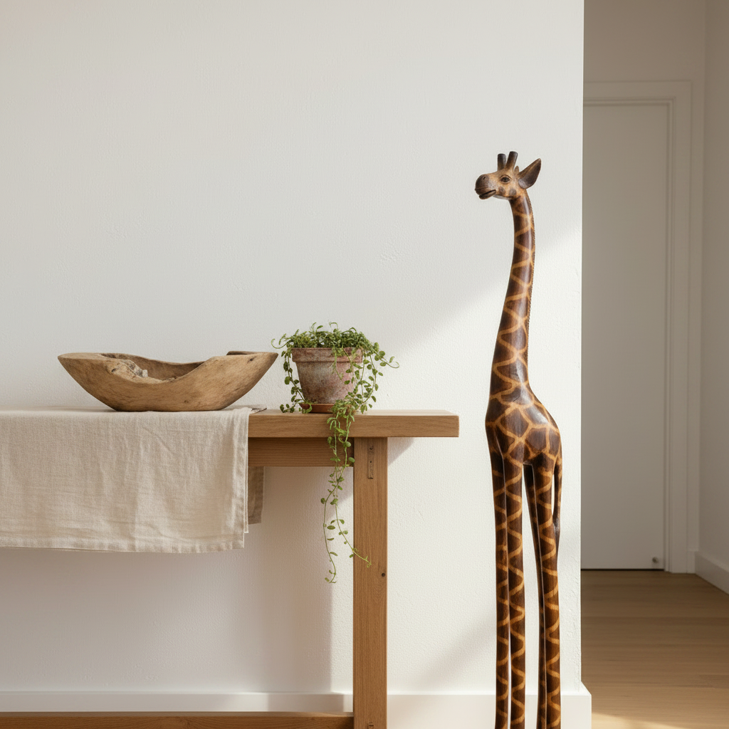 Tall carved timber figurine styled as an entryway statement piece beside a coastal console table with a driftwood bowl, trailing plant and linen runner