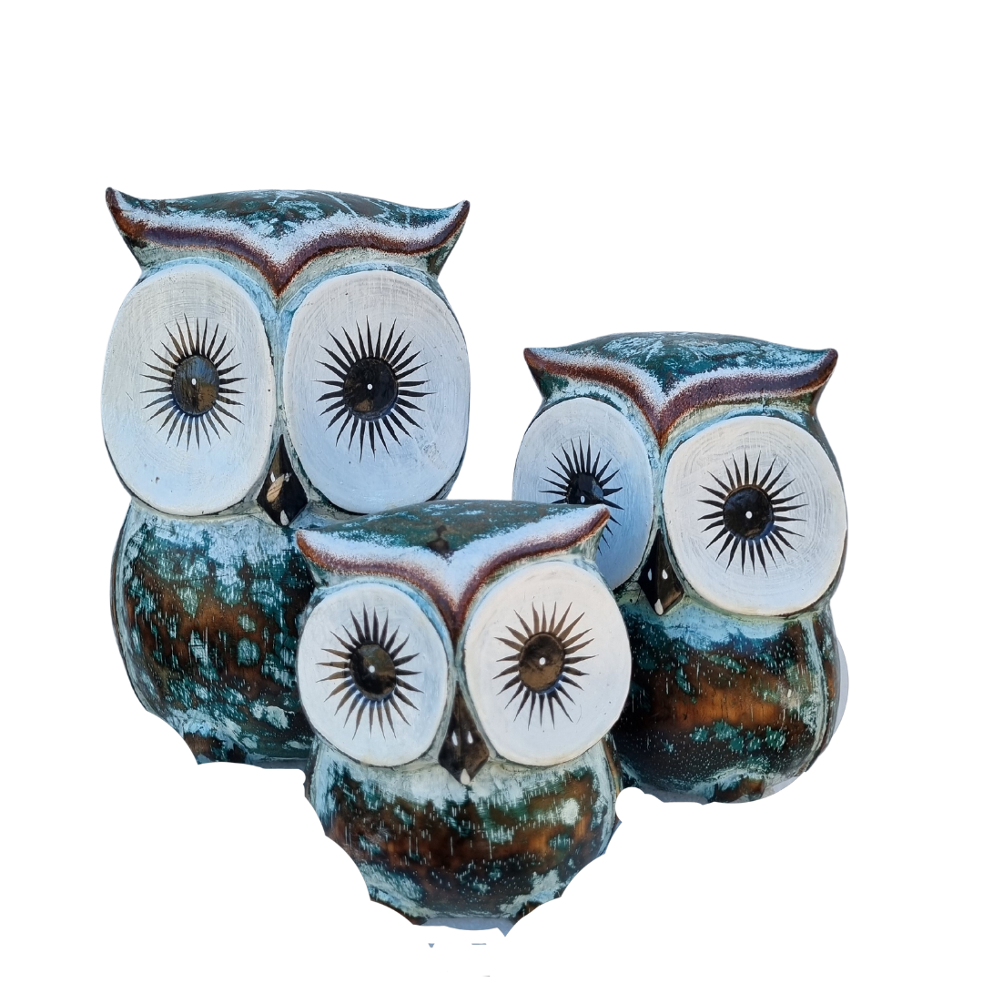 Owl Wooden Statues Set of Three