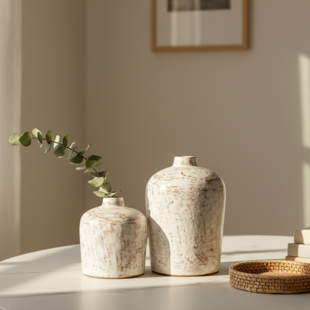 Two white wash rustic terracotta vases in small and large sizes styled with a eucalyptus sprig on a white table, warm natural light with a rattan tray and framed artwork in background