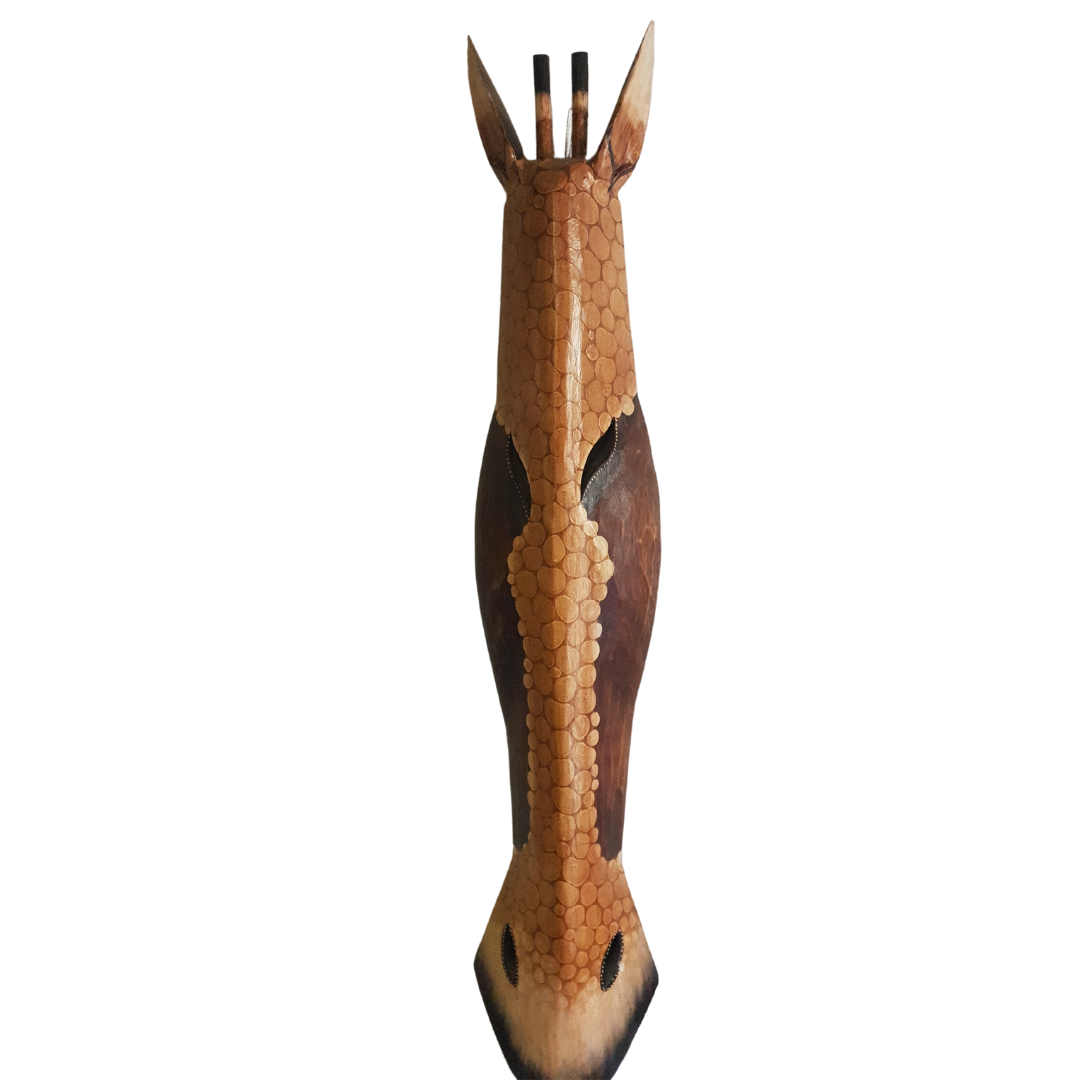 Wooden giraffe mask with detailed carving on a white background