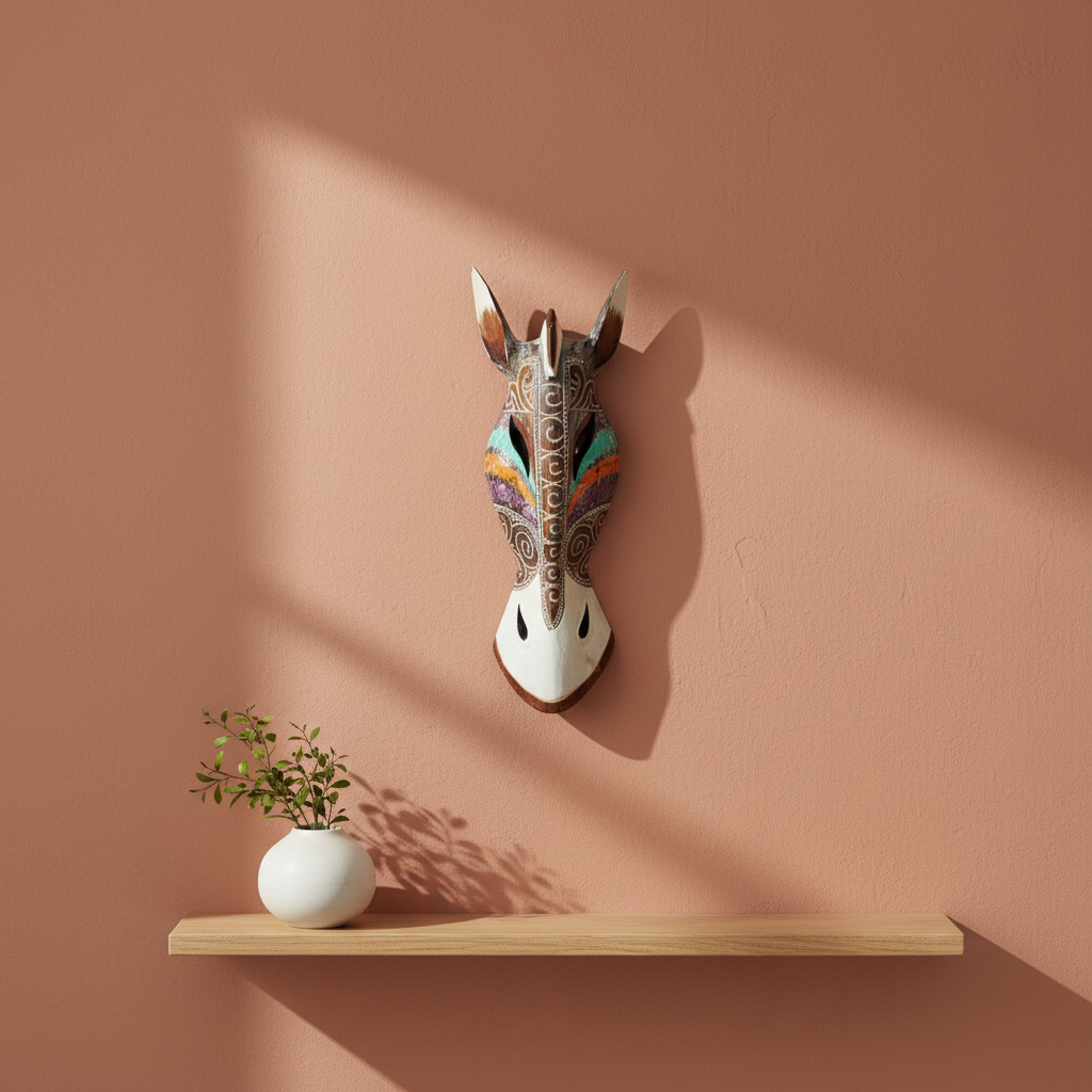 Hand-painted wooden animal mask displayed on a warm terracotta wall above a narrow timber shelf