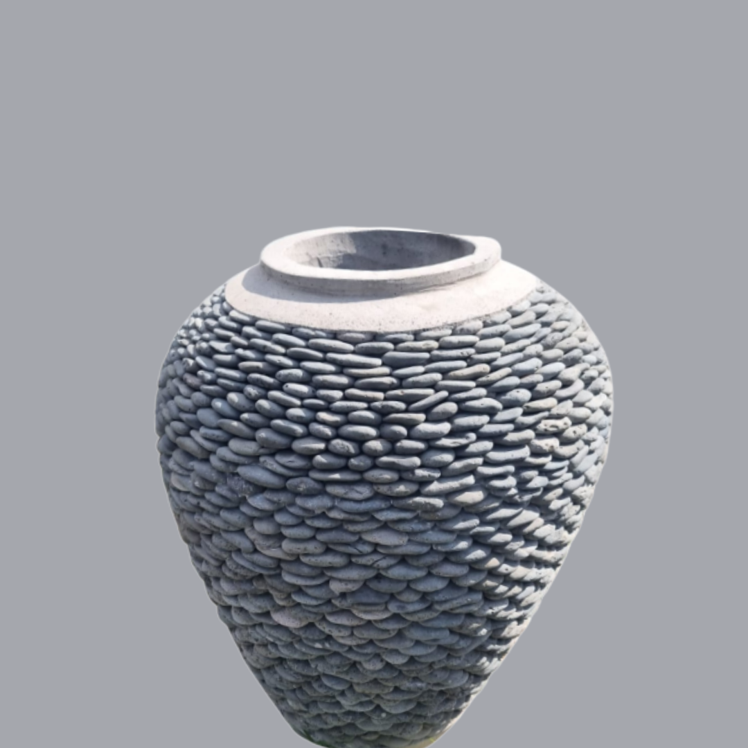 Decorative vase with pebble-textured surface on a gray background