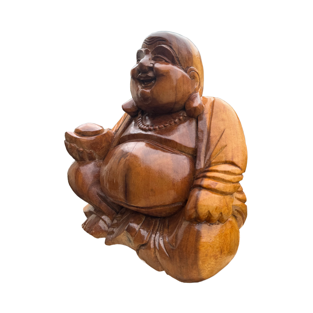 Wooden laughing Buddha figurine on a white background