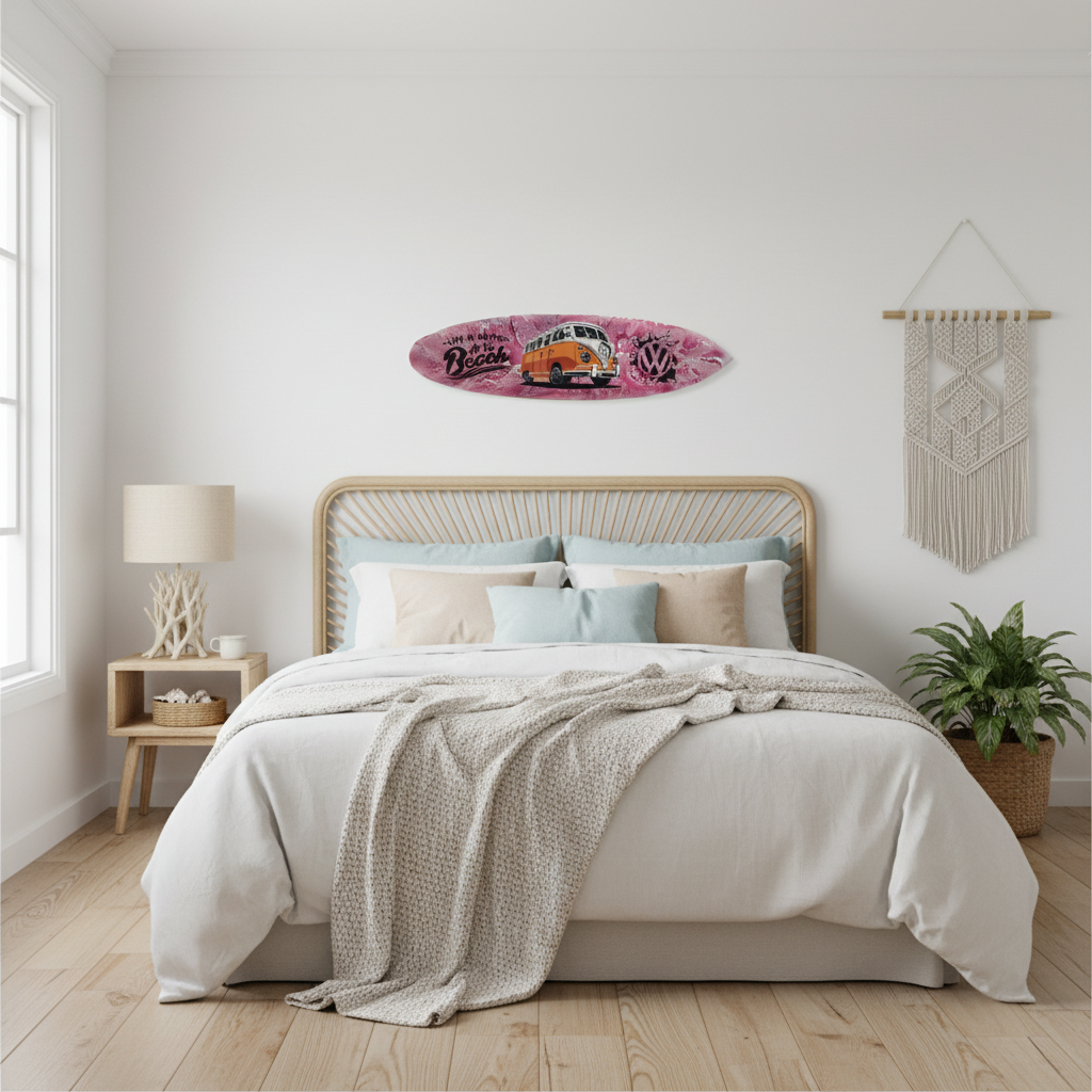 Pink VW Kombi surfboard wall art styled in a neutral coastal bedroom