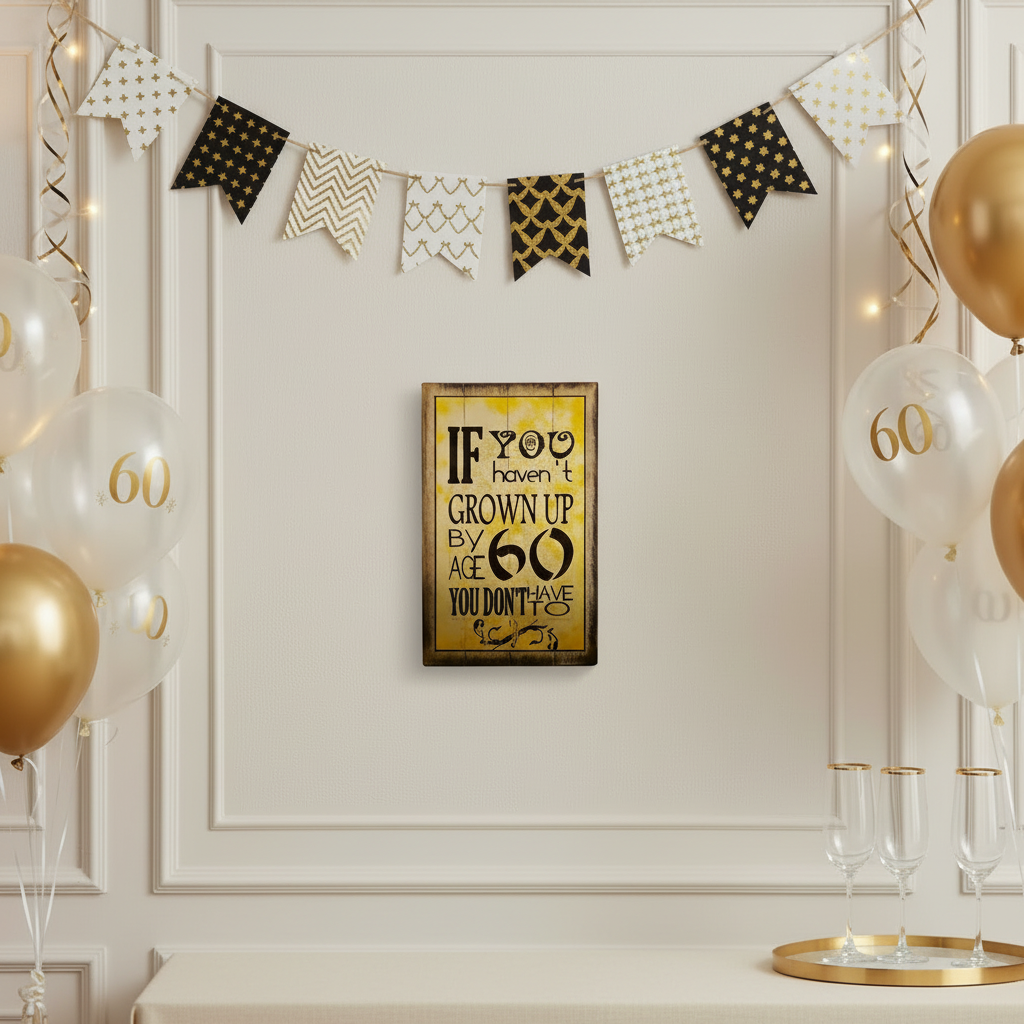 Square 60th birthday celebration scene with gold balloons, bunting and a framed yellow plaque reading “If you haven’t grown up by age 60, you don’t have to