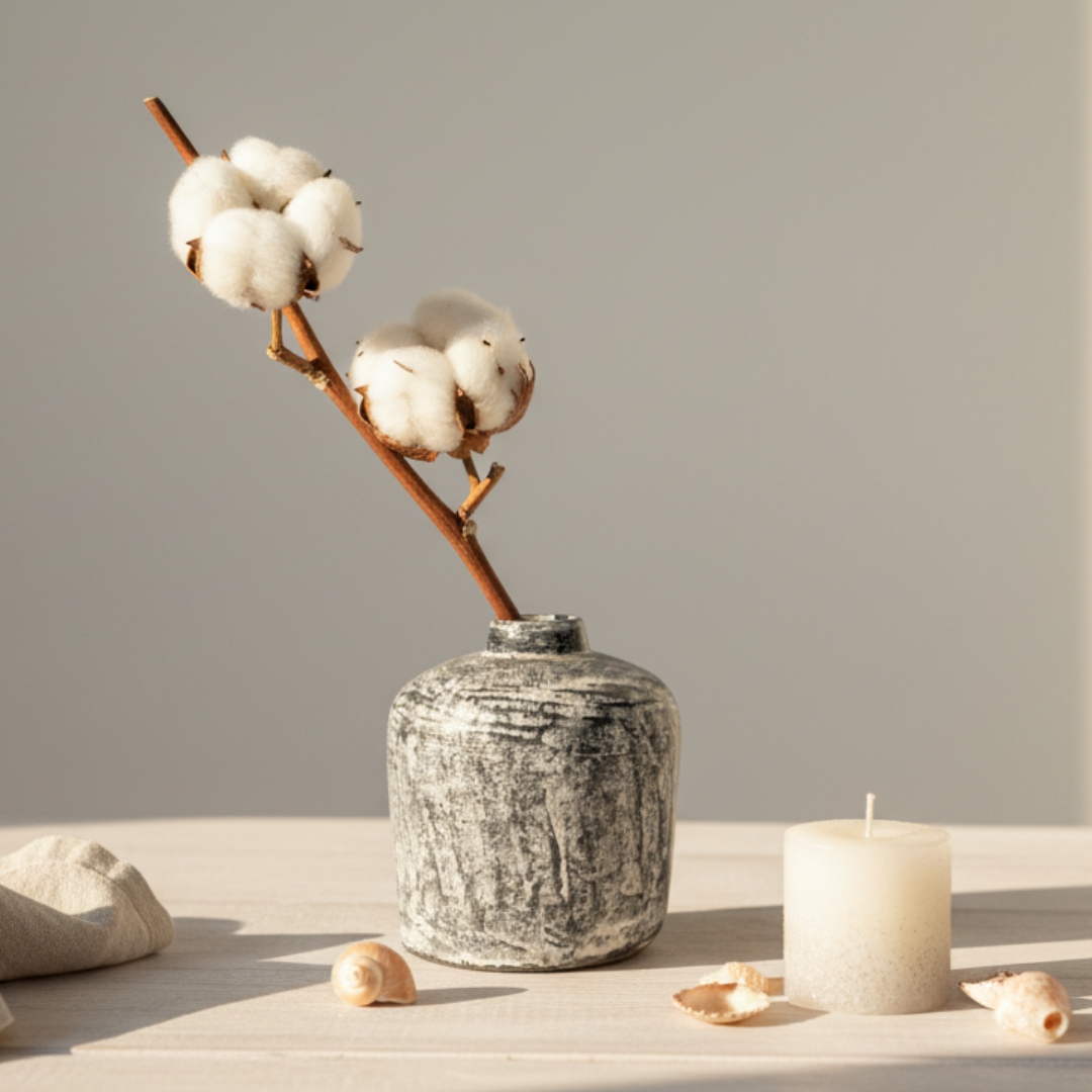 Terracotta bud vase with white wash rustic finish holding dried cotton stems, styled with shells and candle on a light surface