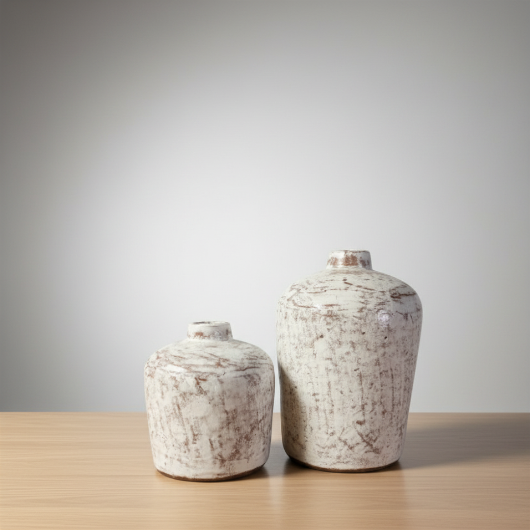 Small and large white wash distressed vases with mottled rustic finish grouped together on a light timber surface against a soft grey background