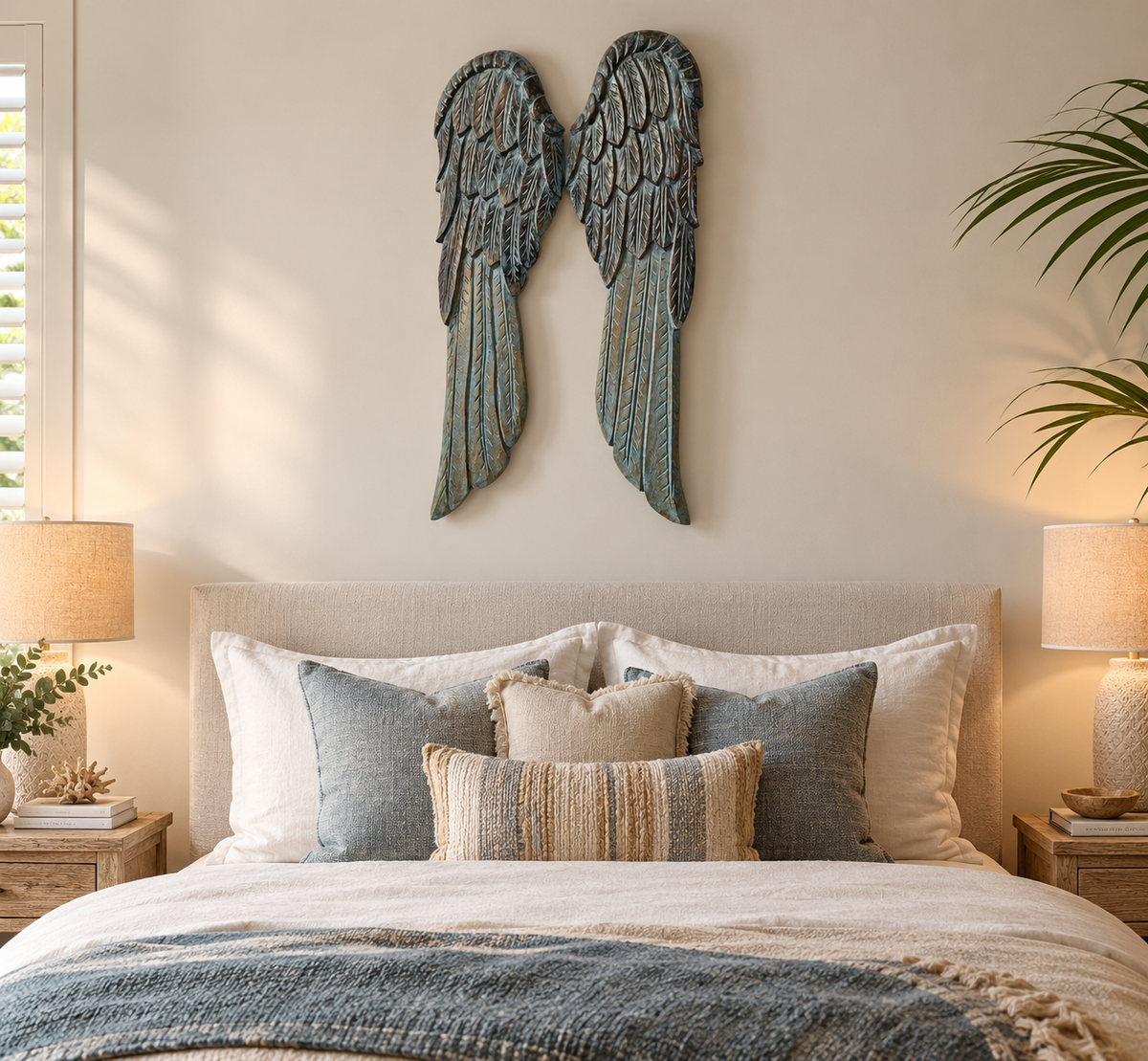 Dark carved wooden feather-shaped ornament mounted above a neatly made bed in a neutral bedroom, with bedside lamps and indoor palms.