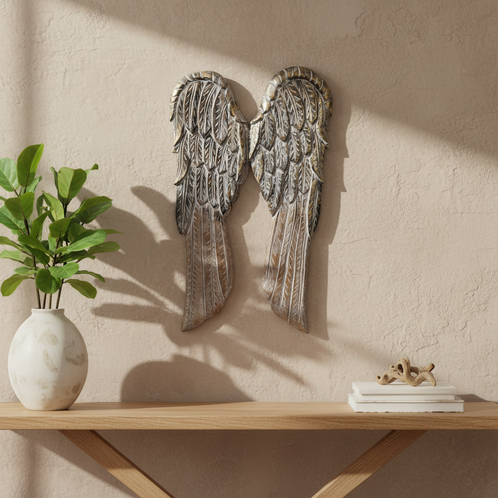 Carved wooden feathered panels mounted on a neutral plaster wall above a timber console, beside a white vase and stacked books.