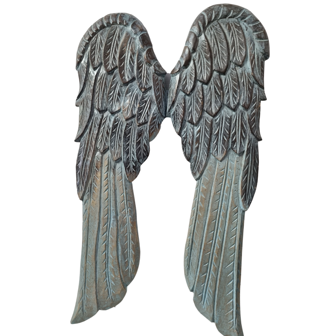  tall carved wooden feather panels with a cool grey distressed finish displayed on a white background.
