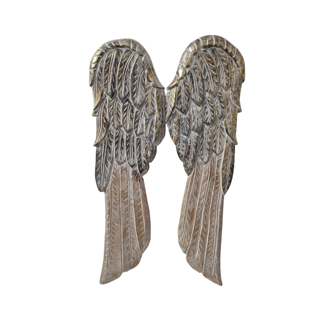 Pair of carved wooden feather panels in a distressed metallic grey-brown finish displayed on a white background.