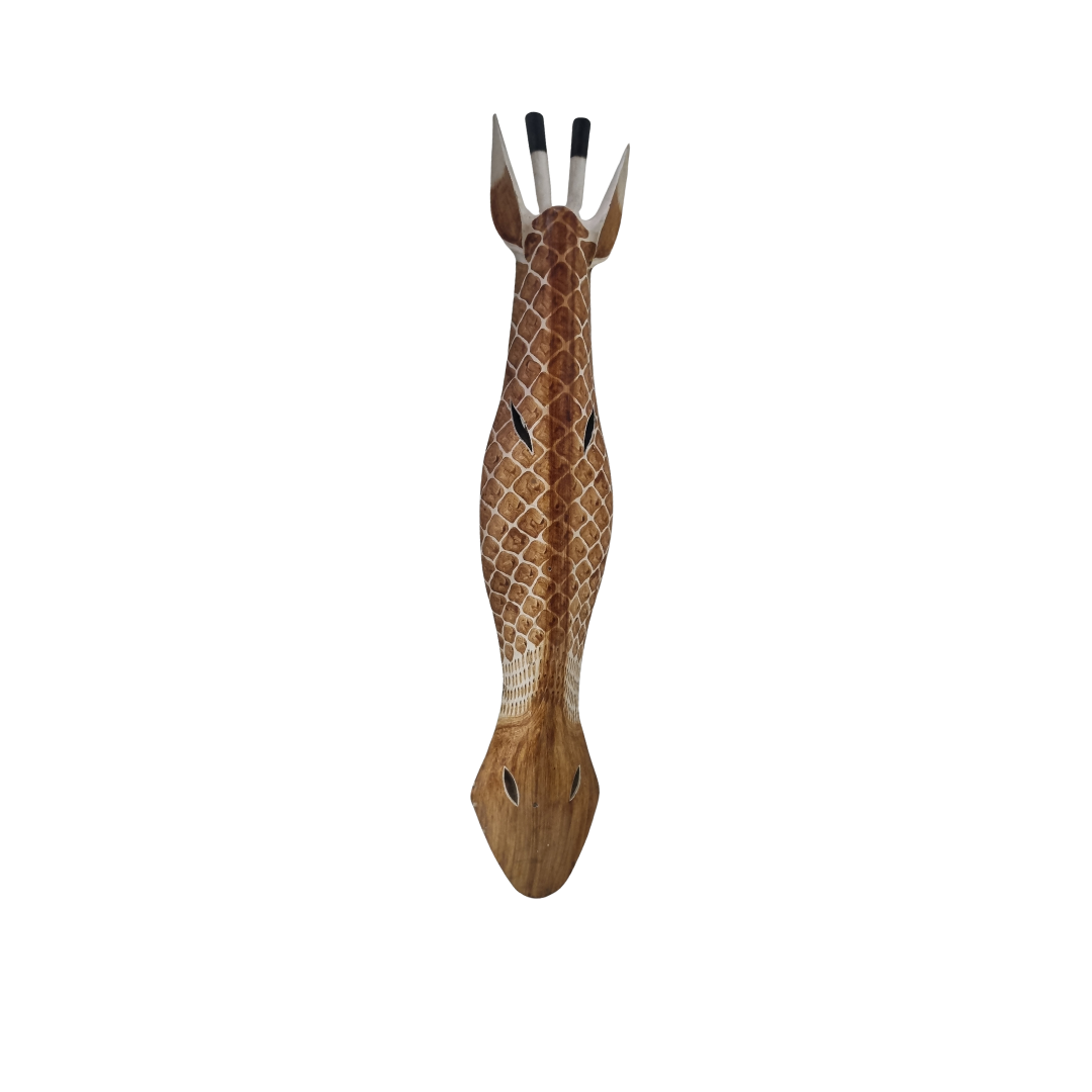 Giraffe-shaped wooden wall art on a white background