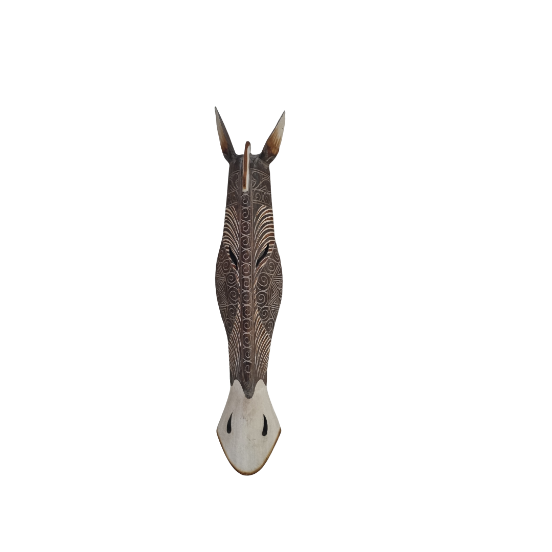 Decorative zebra head sculpture on a white background