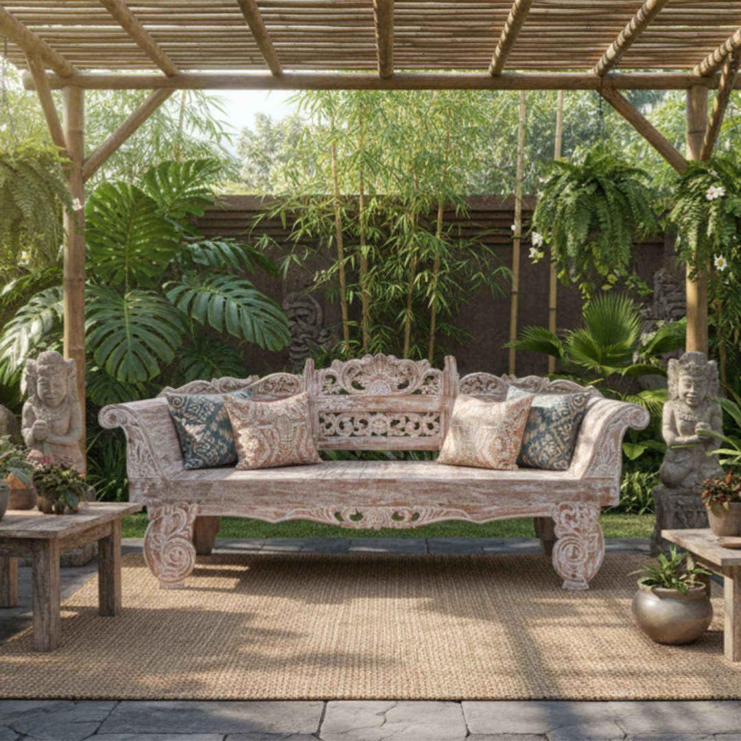 Balinese hand-carved whitewashed teak day bed with floral scroll backrest and rolled arms, styled under a bamboo pergola with tropical garden, monstera, bamboo, Balinese stone statues and ikat cushions – handcrafted outdoor furniture by Azure Decor
