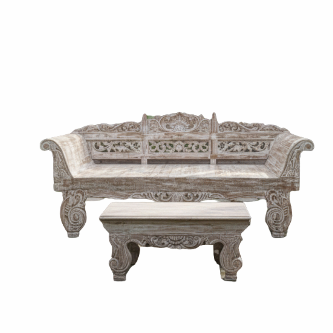 Balinese hand-carved whitewashed reclaimed teak day bed and matching carved coffee table set, white background product shot showing full front view of ornate floral scroll backrest, rolled arms and carved cabriole legs – handcrafted furniture set by Azure Decor
