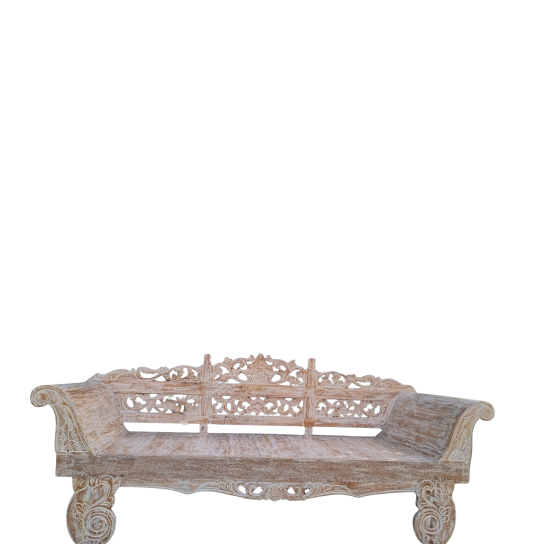 Carved wooden bench on a white background