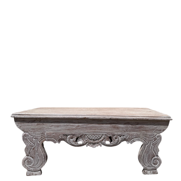 Hand-carved reclaimed teak coffee table with whitewash finish and ornate Balinese scrollwork legs