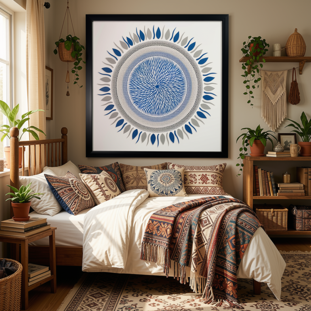 Framed radial mandala canvas above a timber bed with patterned cushions, woven throws and hanging plants in a warm boho bedroom