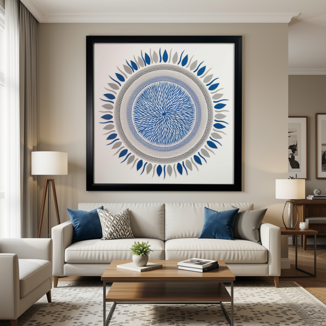 "Large framed radial dot art canvas above a cream sofa with blue cushions in a bright modern living room