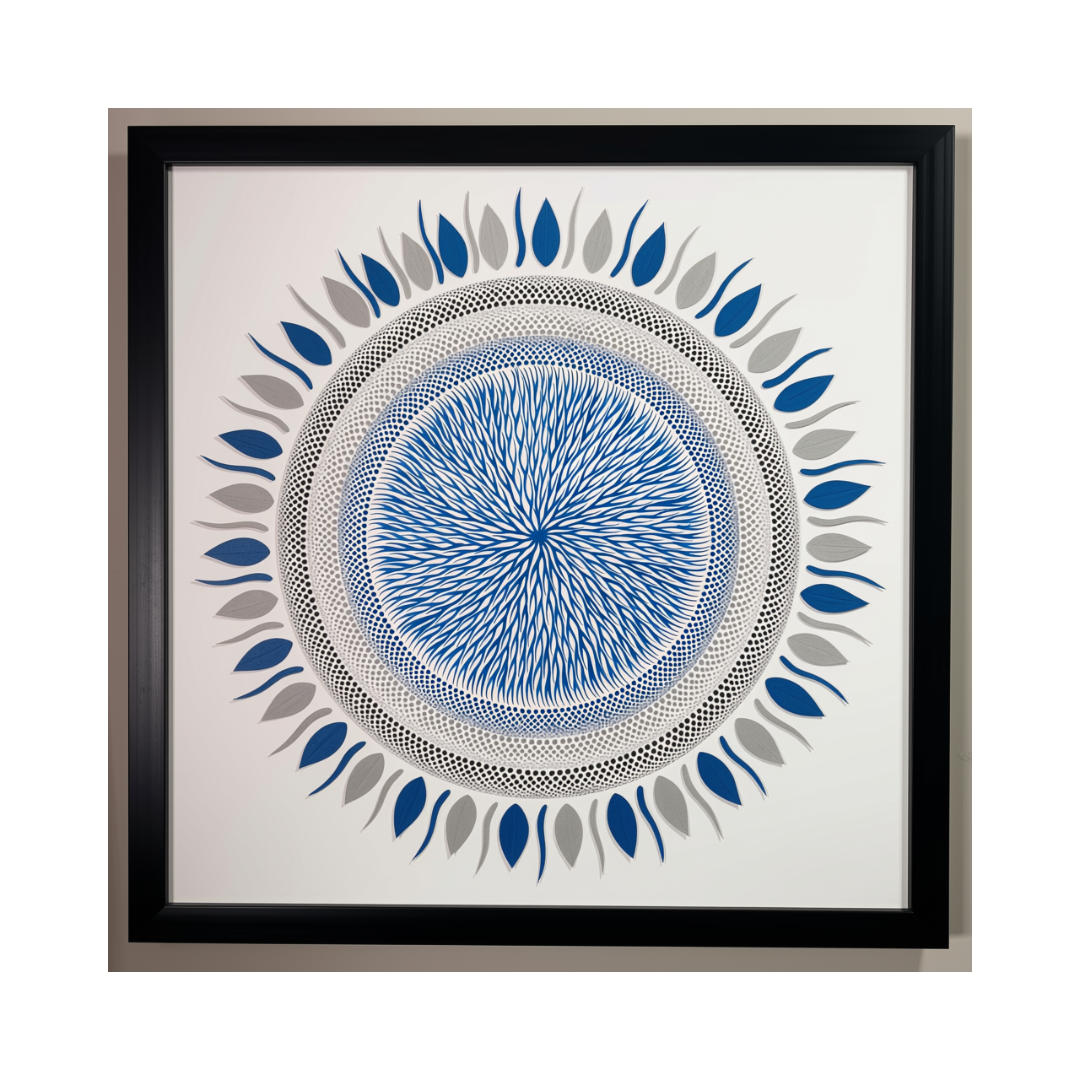 Azure Radiance hand-painted Balinese dot art canvas 120x120cm – blue and grey radial mandala in black frame