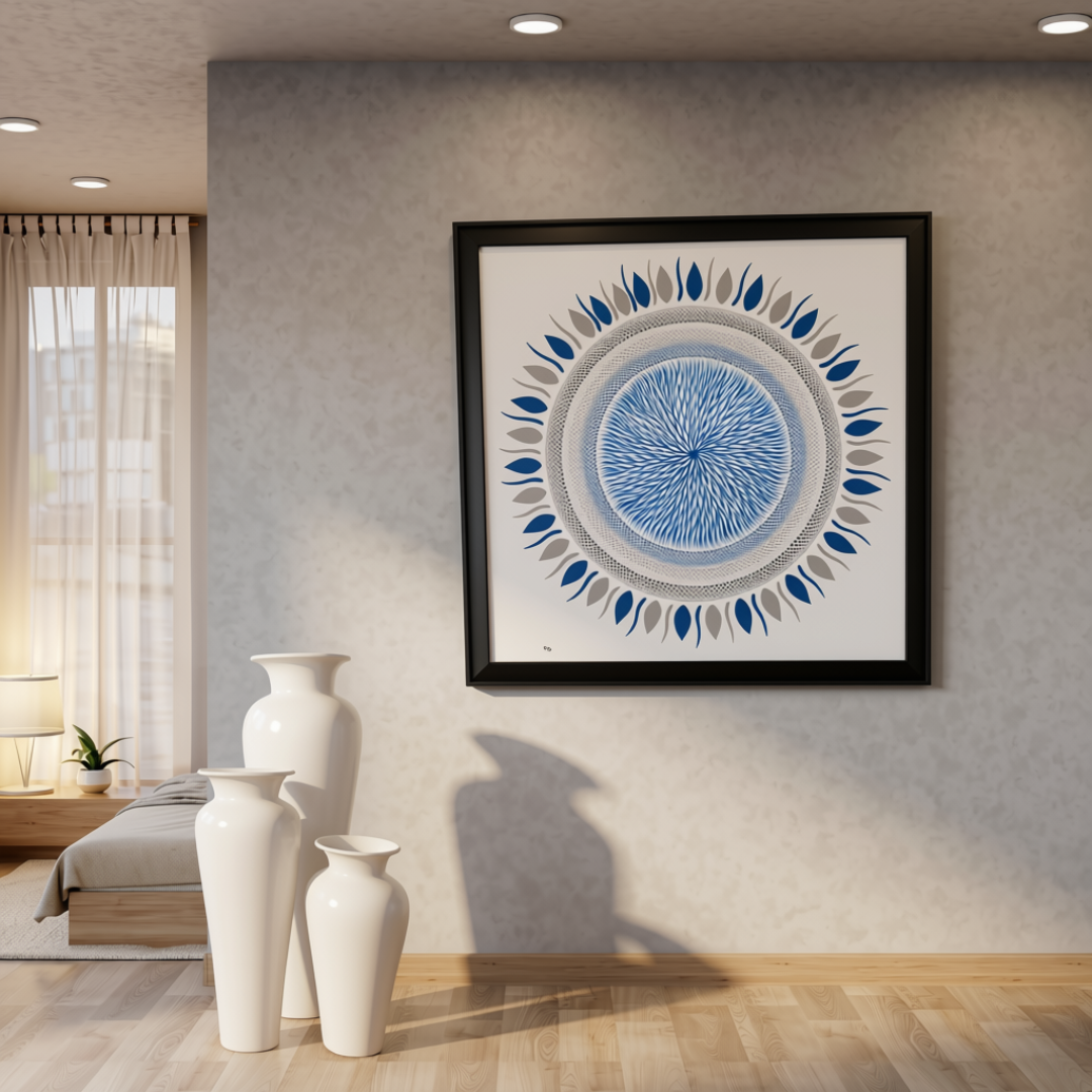 A framed square wall art print featuring a blue and white circular mandala design, displayed on a textured light gray wall in a modern living room setting with decorative white vases.