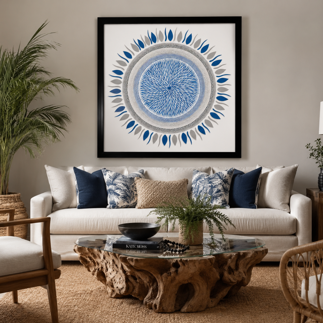 Large square framed mandala artwork above a cream sofa with navy cushions and a driftwood coffee table in a coastal boho living room