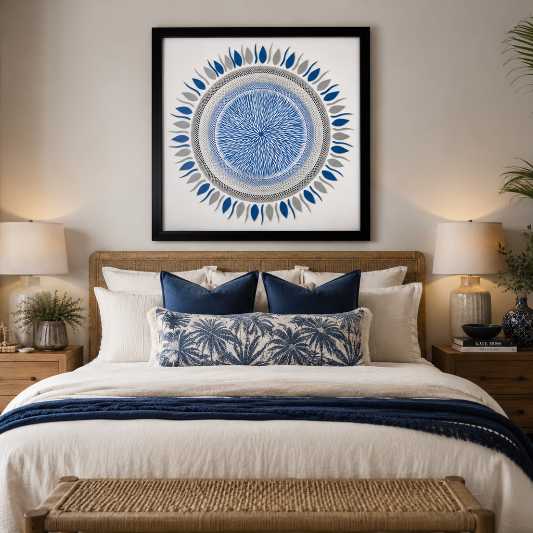 Radial dot art canvas in black frame above a rattan bed with navy and white linen in a coastal Hamptons bedroom