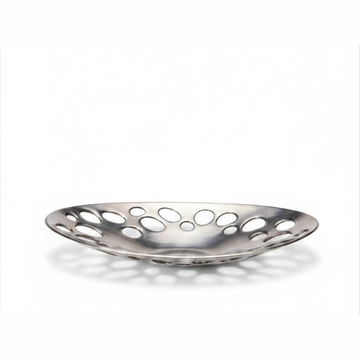 Oval bowl photographed from above on white background showing cutout pattern