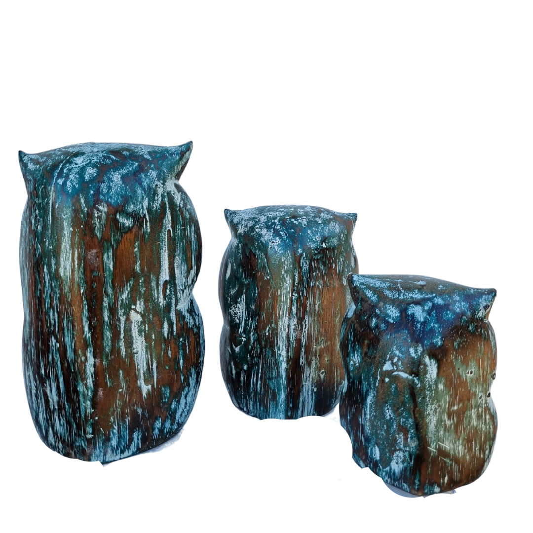 Owl Wooden Statues Set of Three