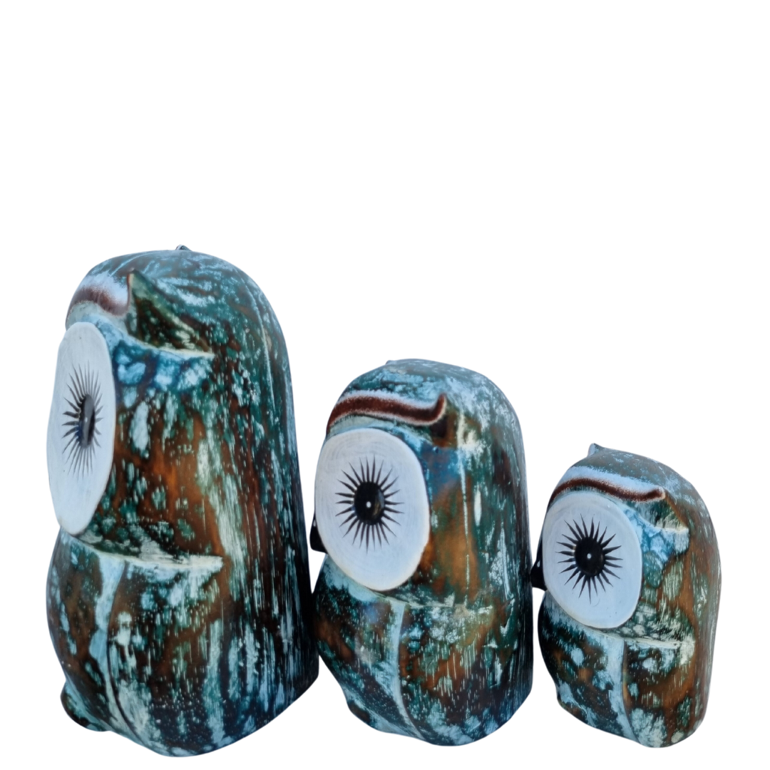 Owl Wooden Statues Set of Three