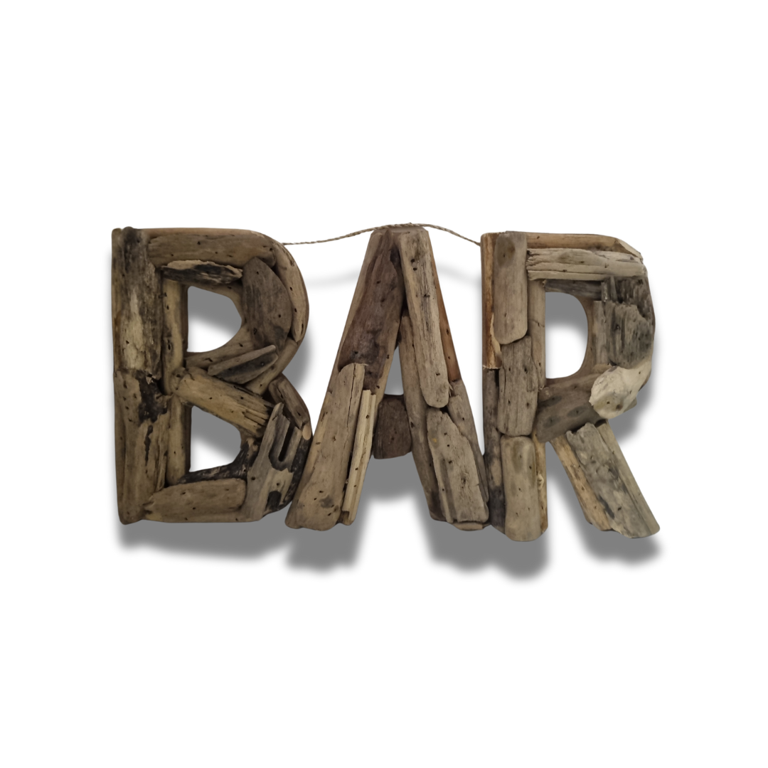 BAR driftwood wall sign — handcrafted natural driftwood letters, 37x20cm — rustic coastal bar decor by Azure Decor