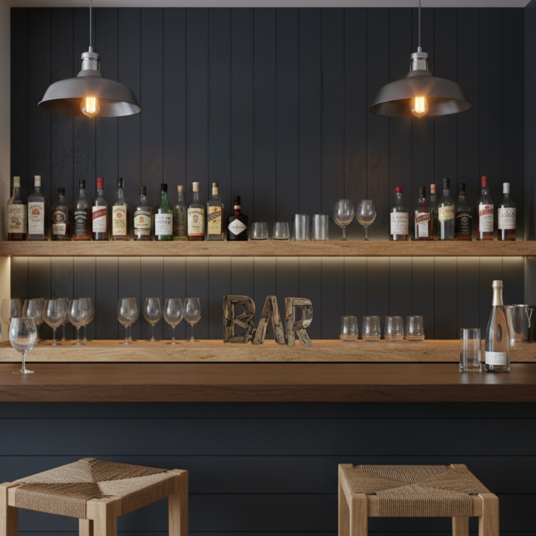 BAR driftwood sign styled on a home bar shelf with wine glasses and bottles — handcrafted natural driftwood letters, 37x20cm — rustic coastal bar decor by Azure Decor
