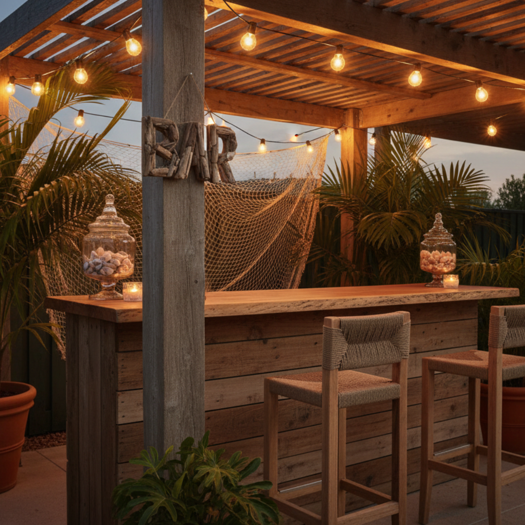 "BAR driftwood sign hung on a timber post in a covered outdoor alfresco entertaining area with string lights and tropical plants — handcrafted natural driftwood letters, 37x20cm — coastal rustic bar decor by Azure Decor