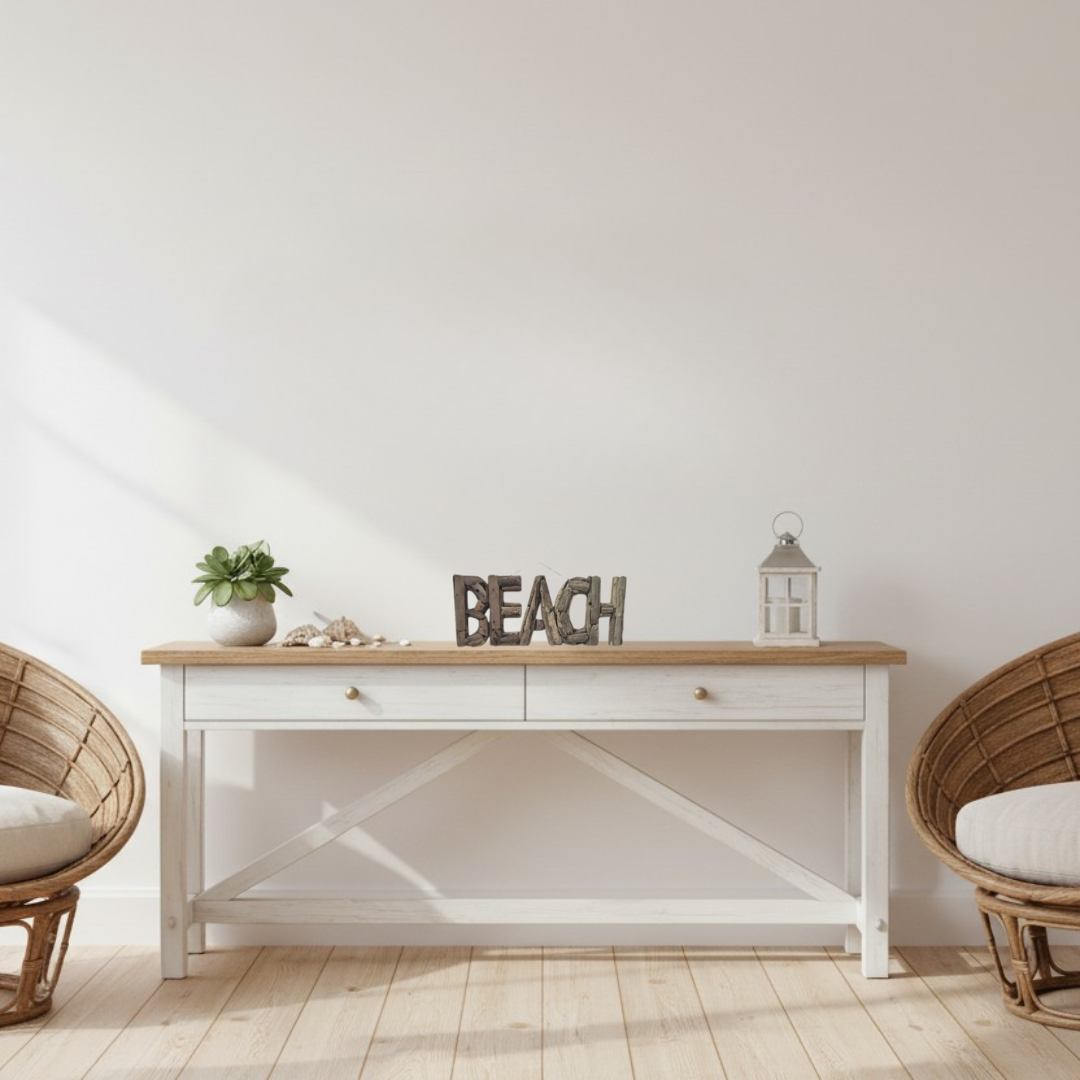 BEACH driftwood sign styled on a coastal console table with shells and lantern — handcrafted natural driftwood letters, 50x20cm — rustic coastal decor by Azure Decor
