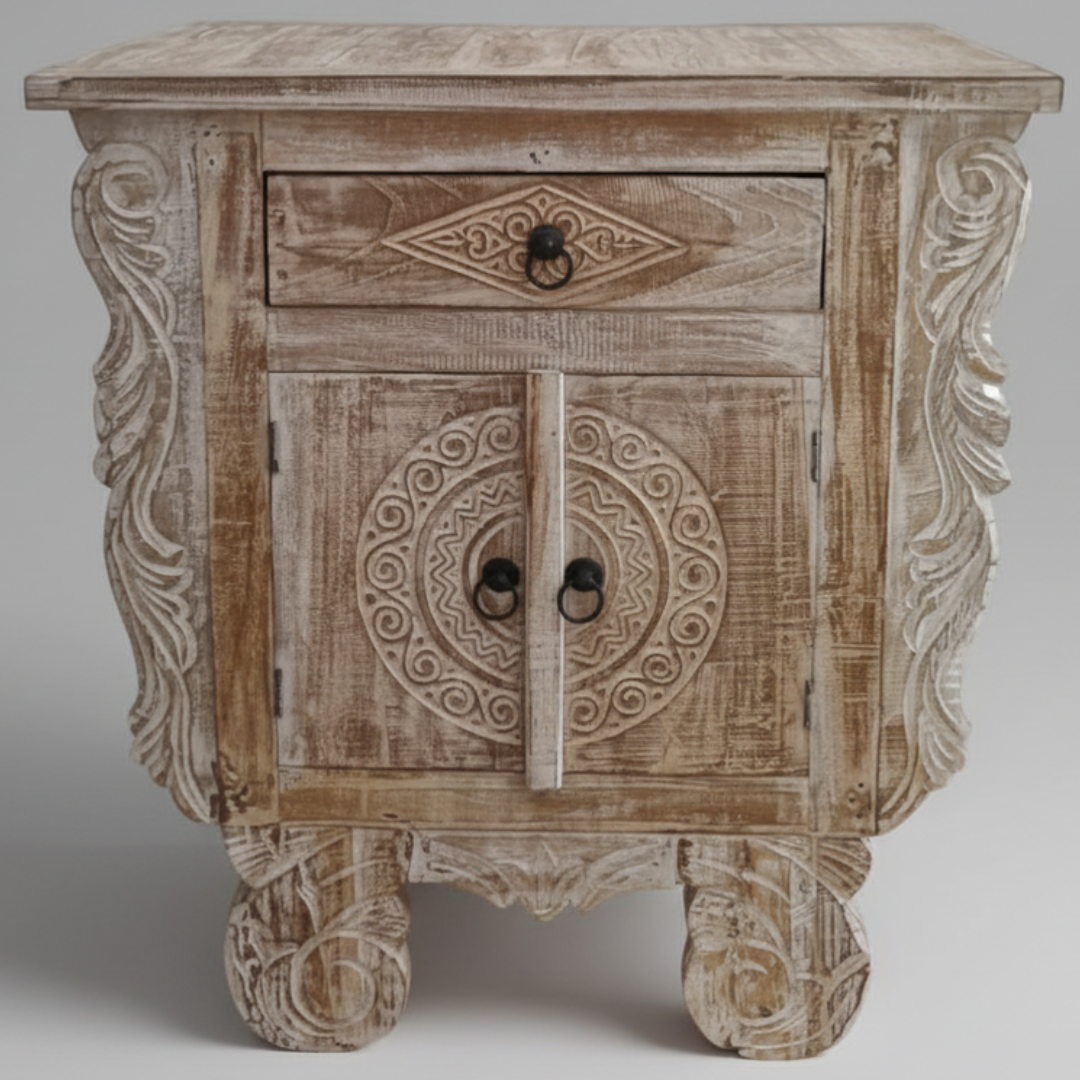 Close-up front view of a Balinese carved reclaimed teak bedside table showing circular medallion cabinet doors with ring pulls, diamond-carved drawer, and ornate scrollwork side panels in chalky whitewash finish