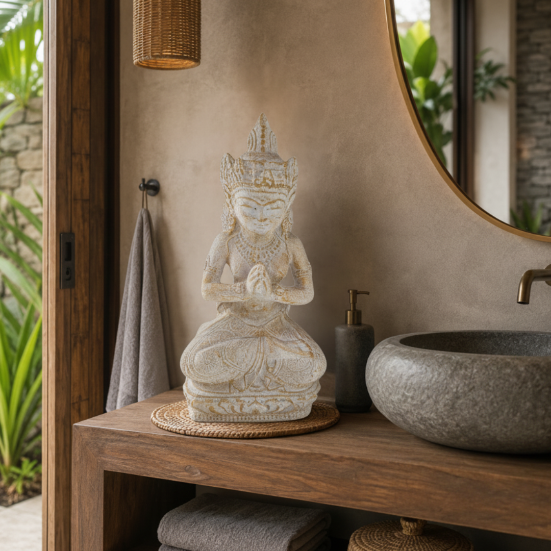 Balinese deity statue with ornate crown and prayer hands styled on a timber bathroom vanity beside a stone basin and soap dispenser, with tropical greenery in the background