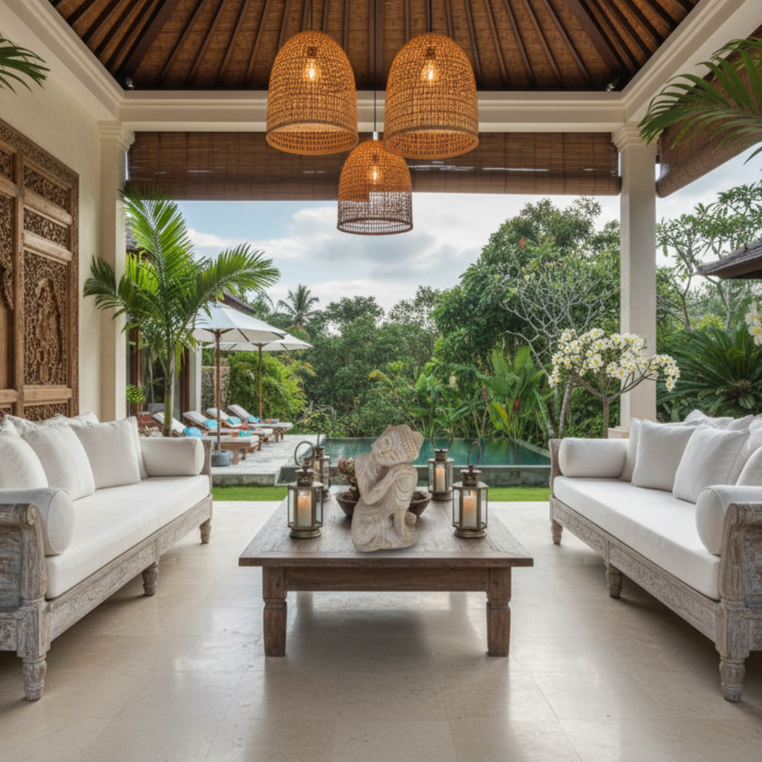 teak timber, tropical greenery, rattan lighting, warm candlelight — with your sleeping statue as the hero piece. 