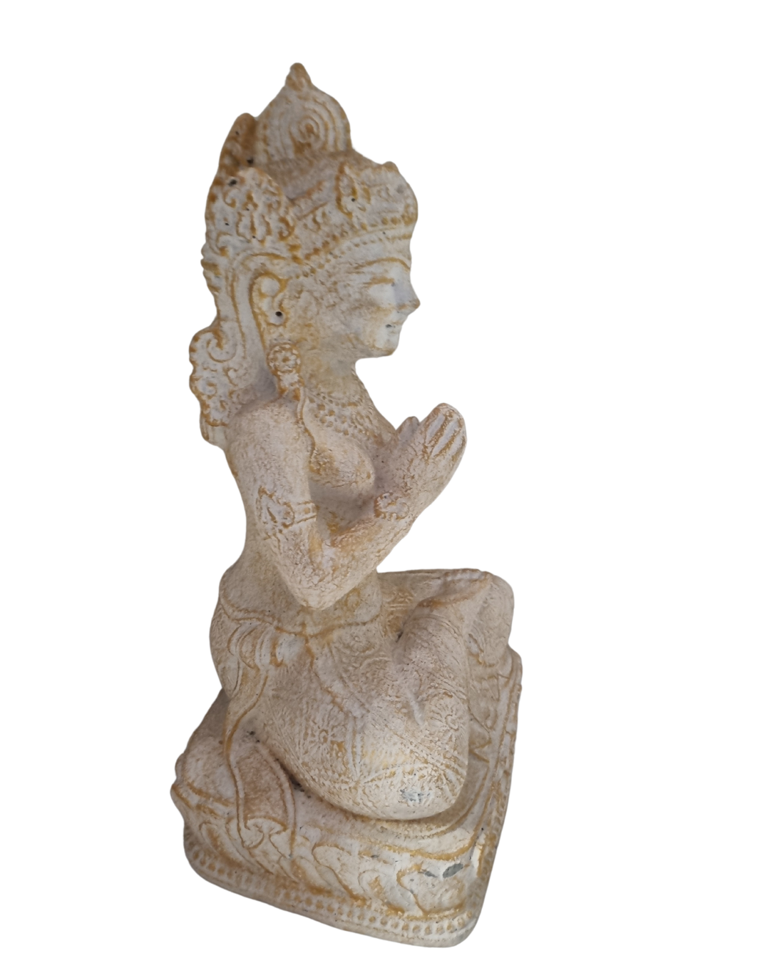 A gold wash-colored Buddha statue in Namaskara Mudra pose with a white and gold wash, crafted from solid concrete. side view