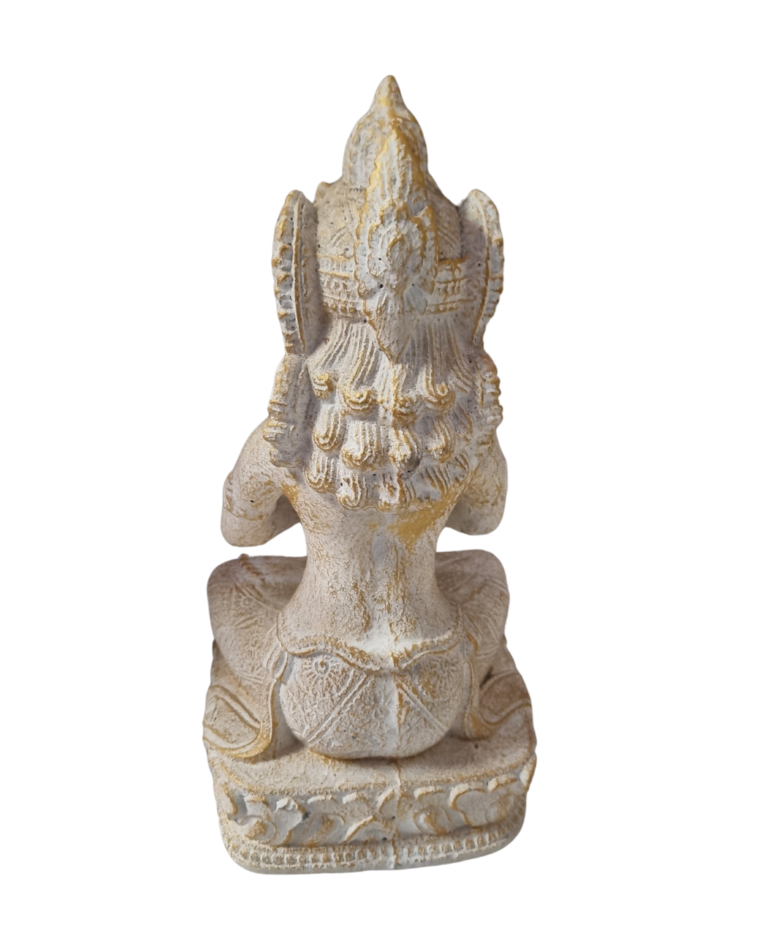 A gold wash-colored Buddha statue in Namaskara Mudra pose with a white and gold wash, crafted from solid concrete. back view