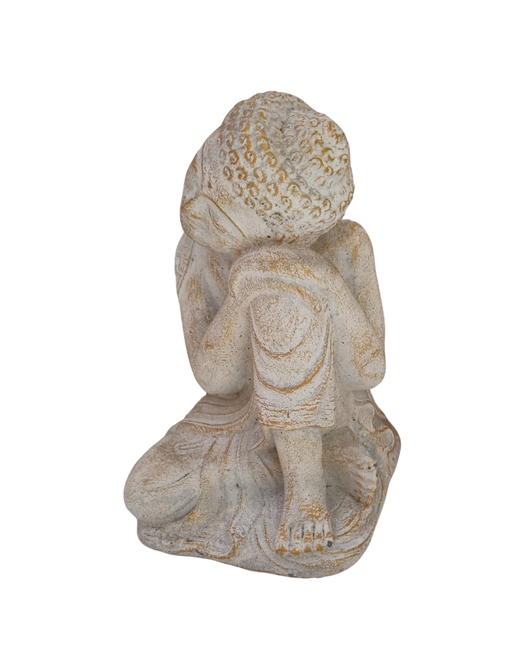 Seated Spiritual Figure front side view – Balinese Deity Statue Collection, handcrafted concrete with white and gold wash finish