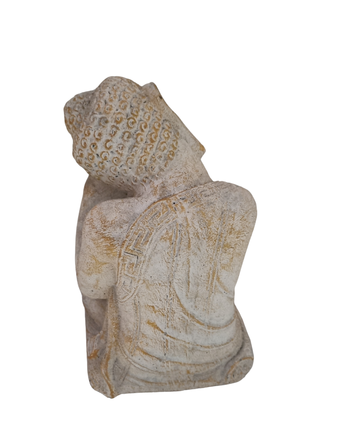 Seated Spiritual Figure rear view – Balinese Deity Statue Collection, handcrafted concrete with white and gold wash finish
