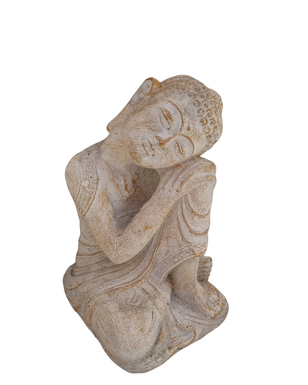 Seated Spiritual Figure front angle  view – Balinese Deity Statue Collection, handcrafted concrete with white and gold wash finish