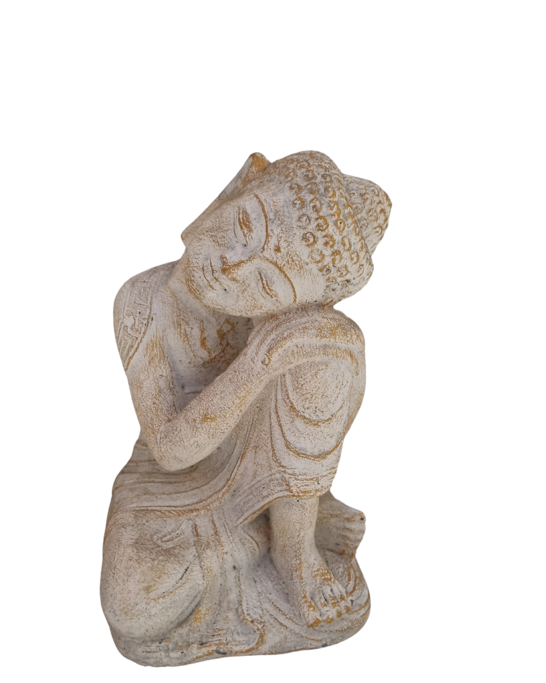 A gold wash-colored Buddha statue in Namaskara Mudra pose with a white and gold wash, crafted from solid concrete.