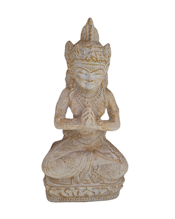 A gold wash-colored Buddha statue in Namaskara Mudra pose with a white and gold wash, crafted from solid concrete.