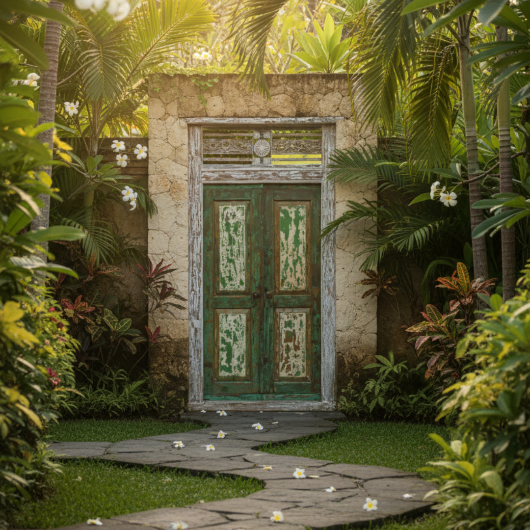 Decorative garden entrance with stone pathway and tropical plants leading to a rustic door entry 