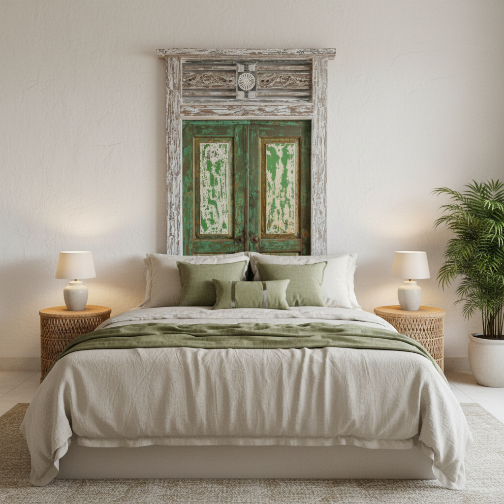 Distressed green reclaimed timber double door used as a dramatic headboard feature behind a king bed with cream linen and rattan bedside tables