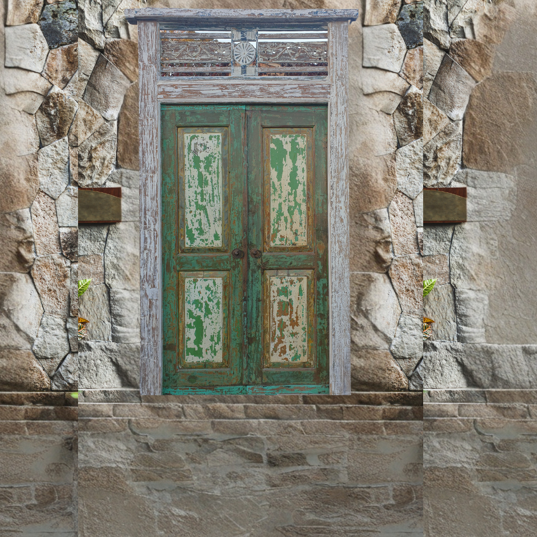 Rustic stone wall with a weathered wooden door